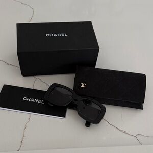 CHANEL Black Square Sunglasses with Quilted Black Case
